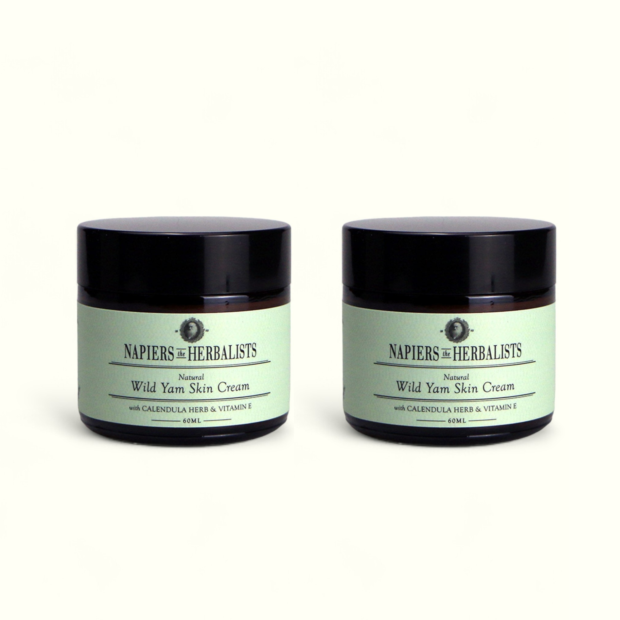 Twin pack of two Napiers Wild Yam Skin Cream 60ml jars with pale green labels and black lids
