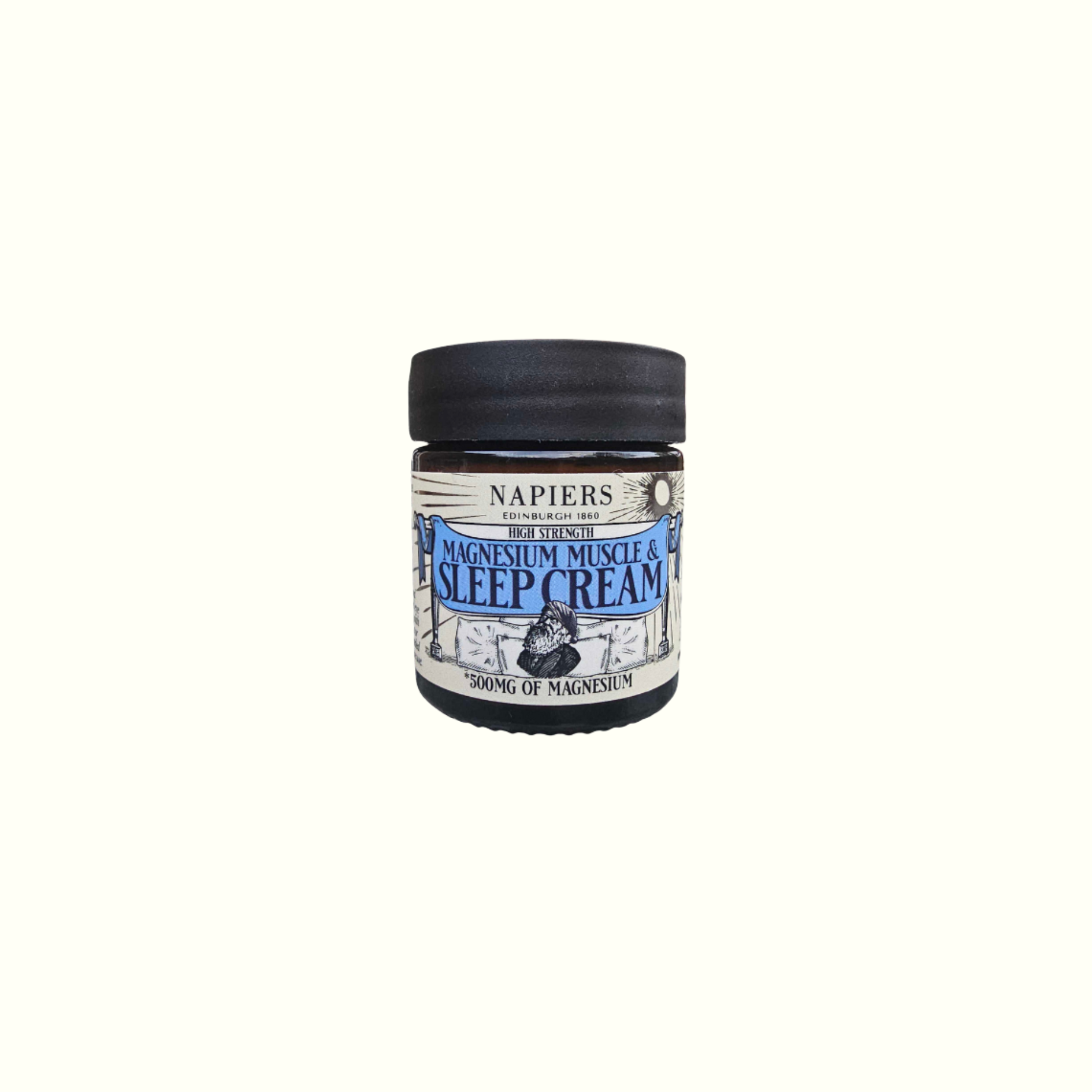 Single Napiers Magnesium Muscle & Sleep Cream jar with black ribbed lid on white background